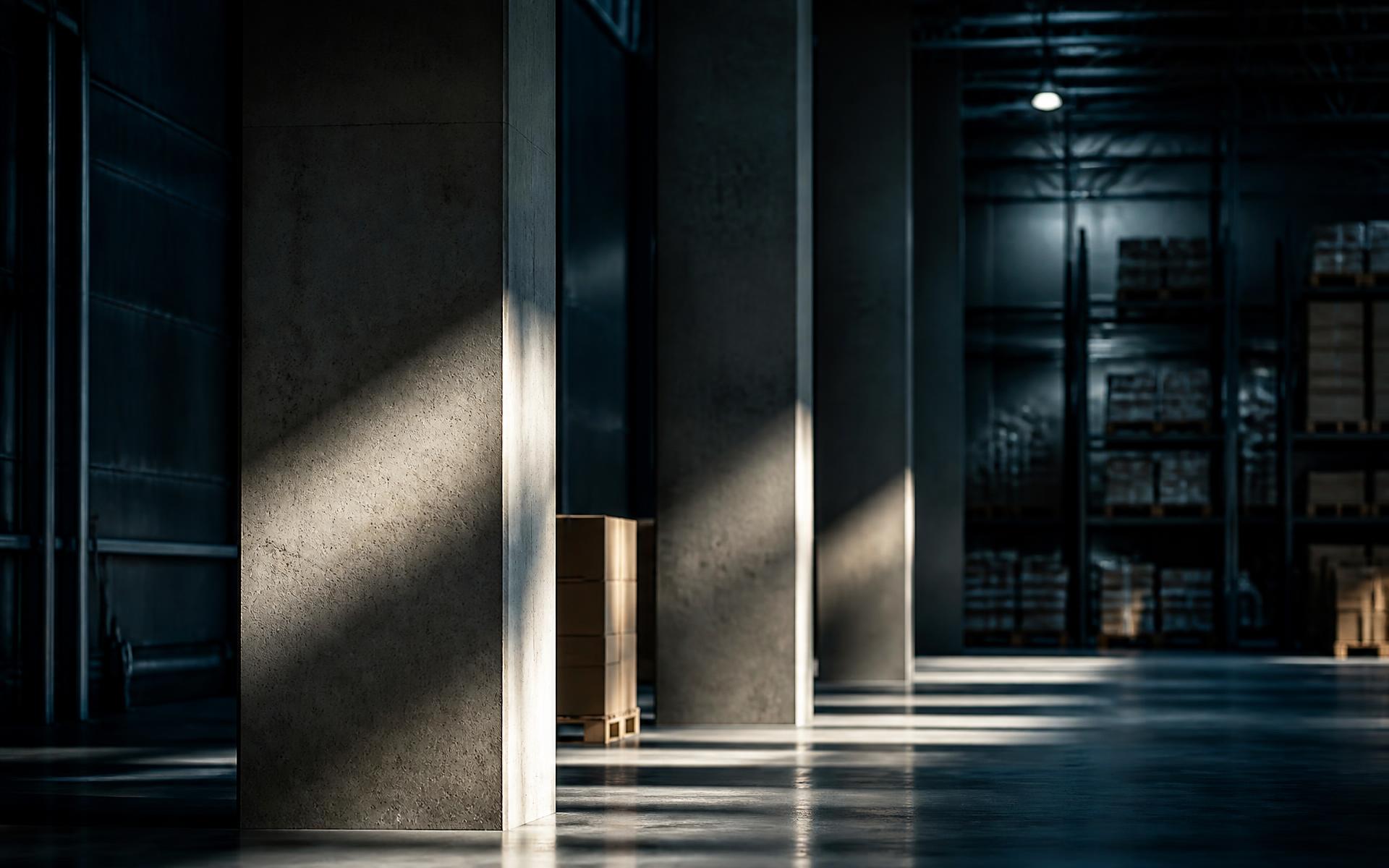 Daylight cutting across the concrete columns of a modern distribution facility